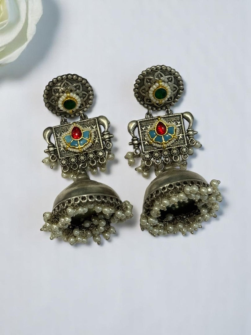 GERMAN SILVER MULTI COLOURED DANGLE ZHUMKA EAARINGS