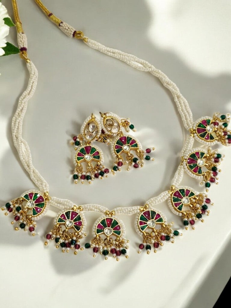 WHITE BEADS MALA WITH MULTI COLOR MINA, MULTI HANGING BEADS AND DANGLING EARRINGS