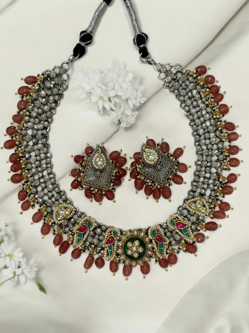 ORANGE RENUKA GERMAN SILVER JEWELLERY SET