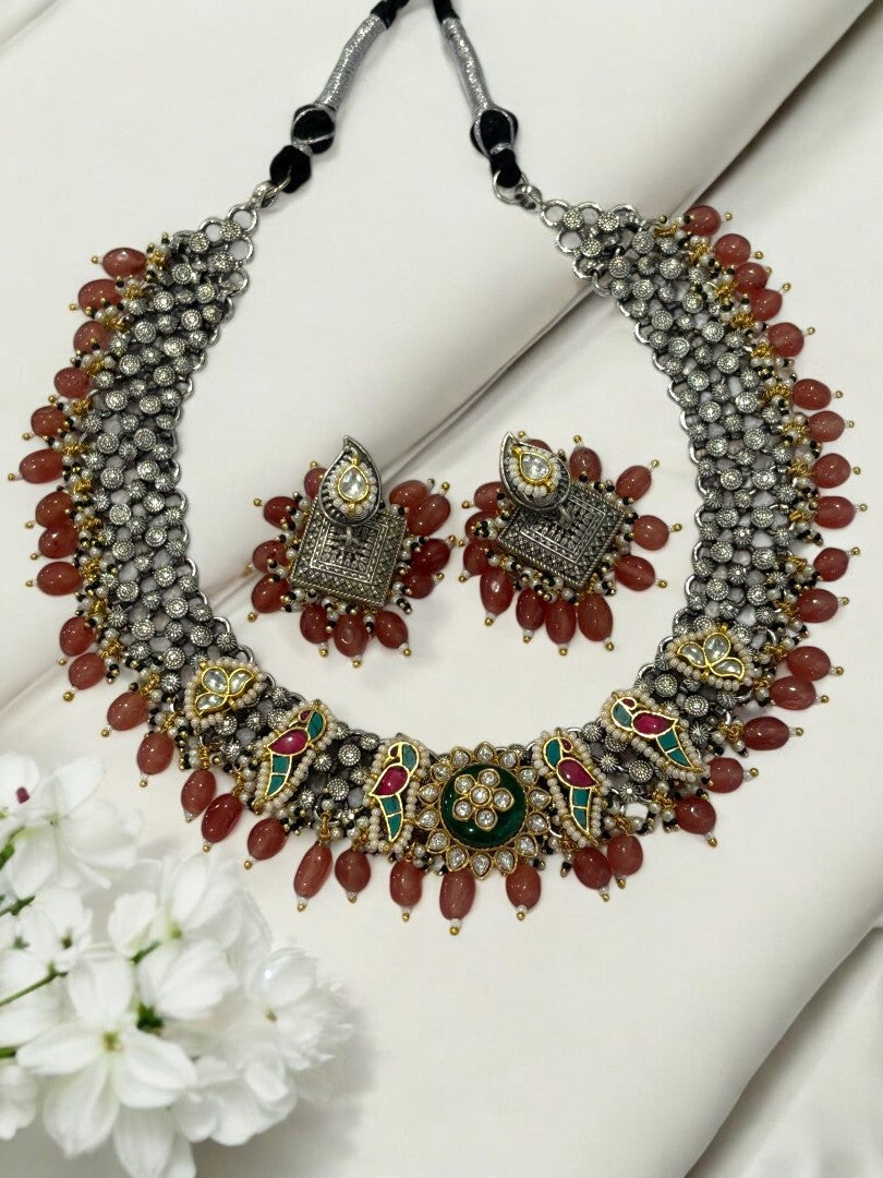 ORANGE RENUKA GERMAN SILVER JEWELLERY SET