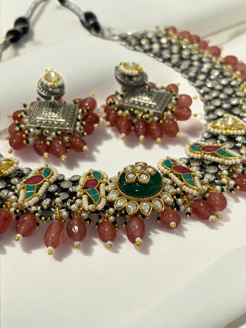 ORANGE RENUKA GERMAN SILVER JEWELLERY SET