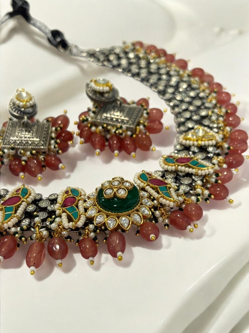 ORANGE RENUKA GERMAN SILVER JEWELLERY SET