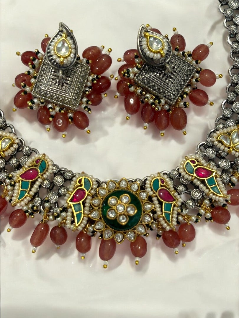 ORANGE RENUKA GERMAN SILVER JEWELLERY SET