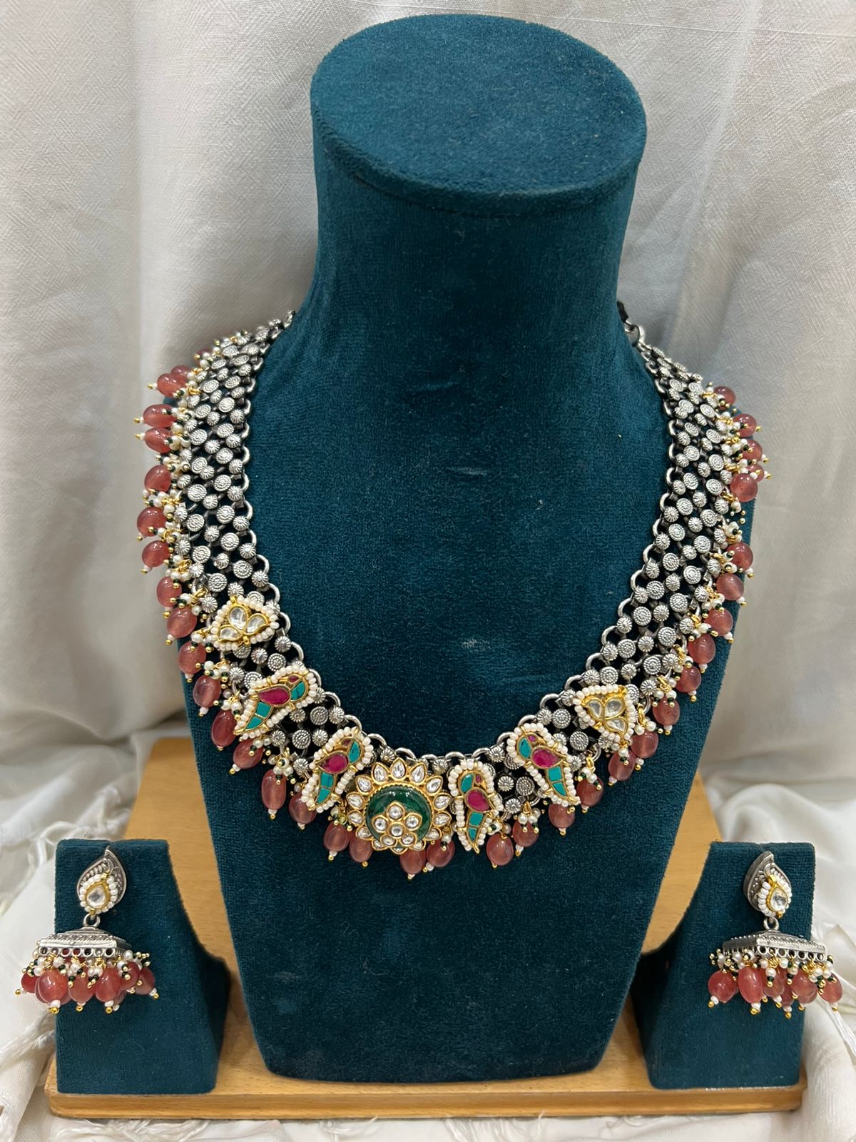 ORANGE RENUKA GERMAN SILVER JEWELLERY SET