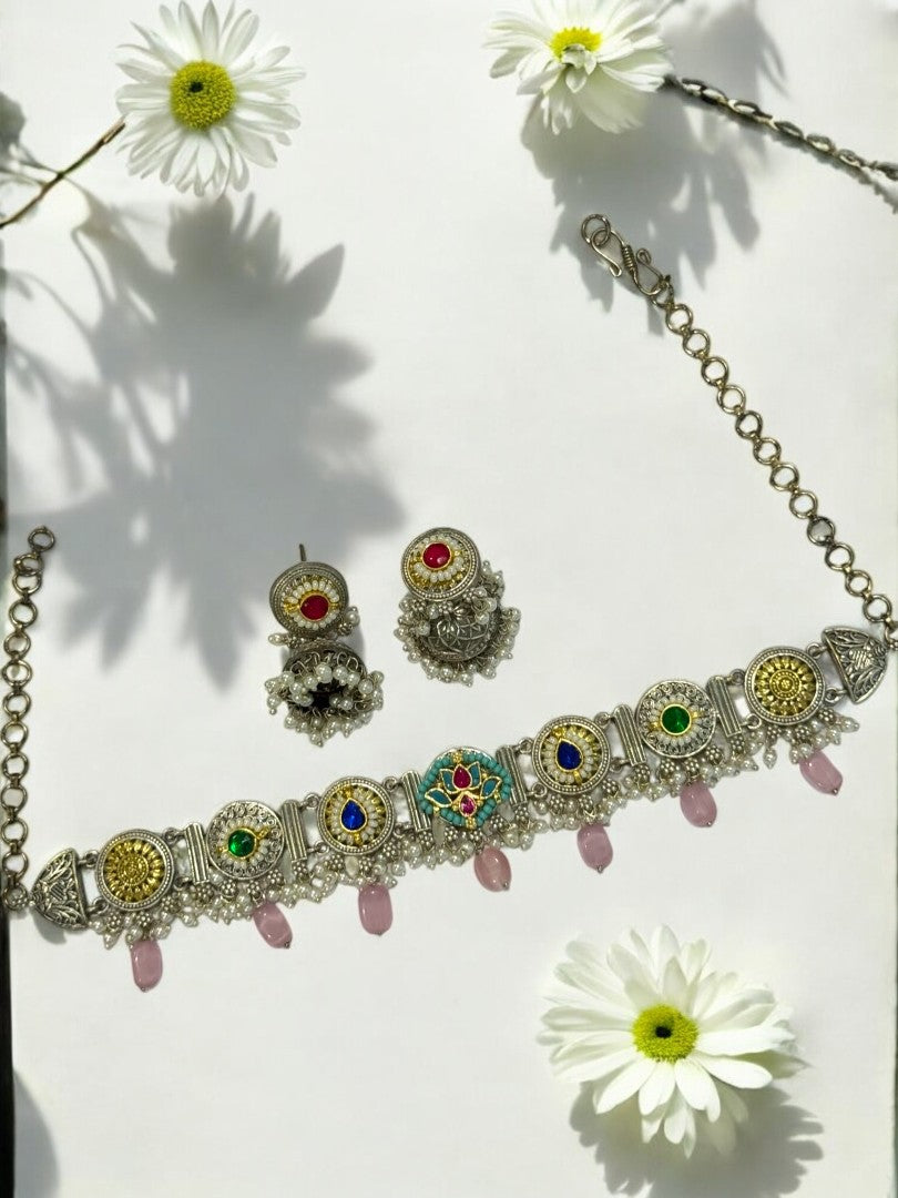 PINK ARINA GERMAN SILVER JEWELLERY SET
