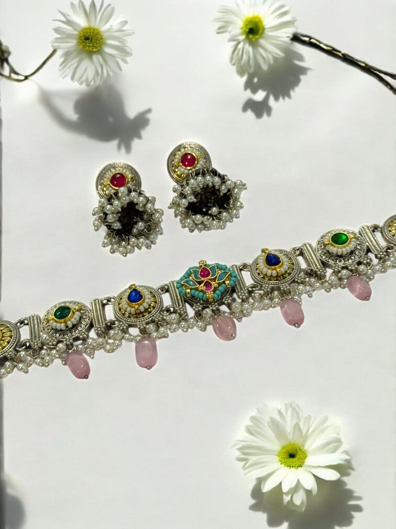 PINK ARINA GERMAN SILVER JEWELLERY SET