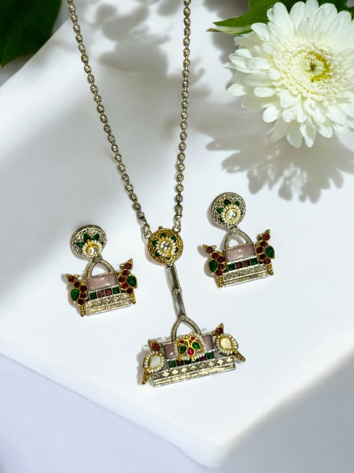PINK DAMINI GERMAN SILVER JEWELLERY SET