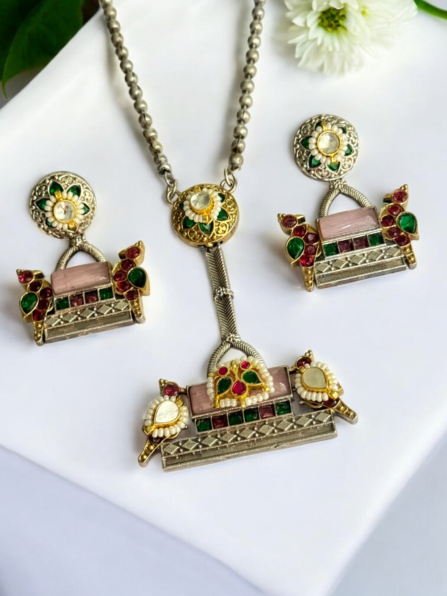PINK DAMINI GERMAN SILVER JEWELLERY SET