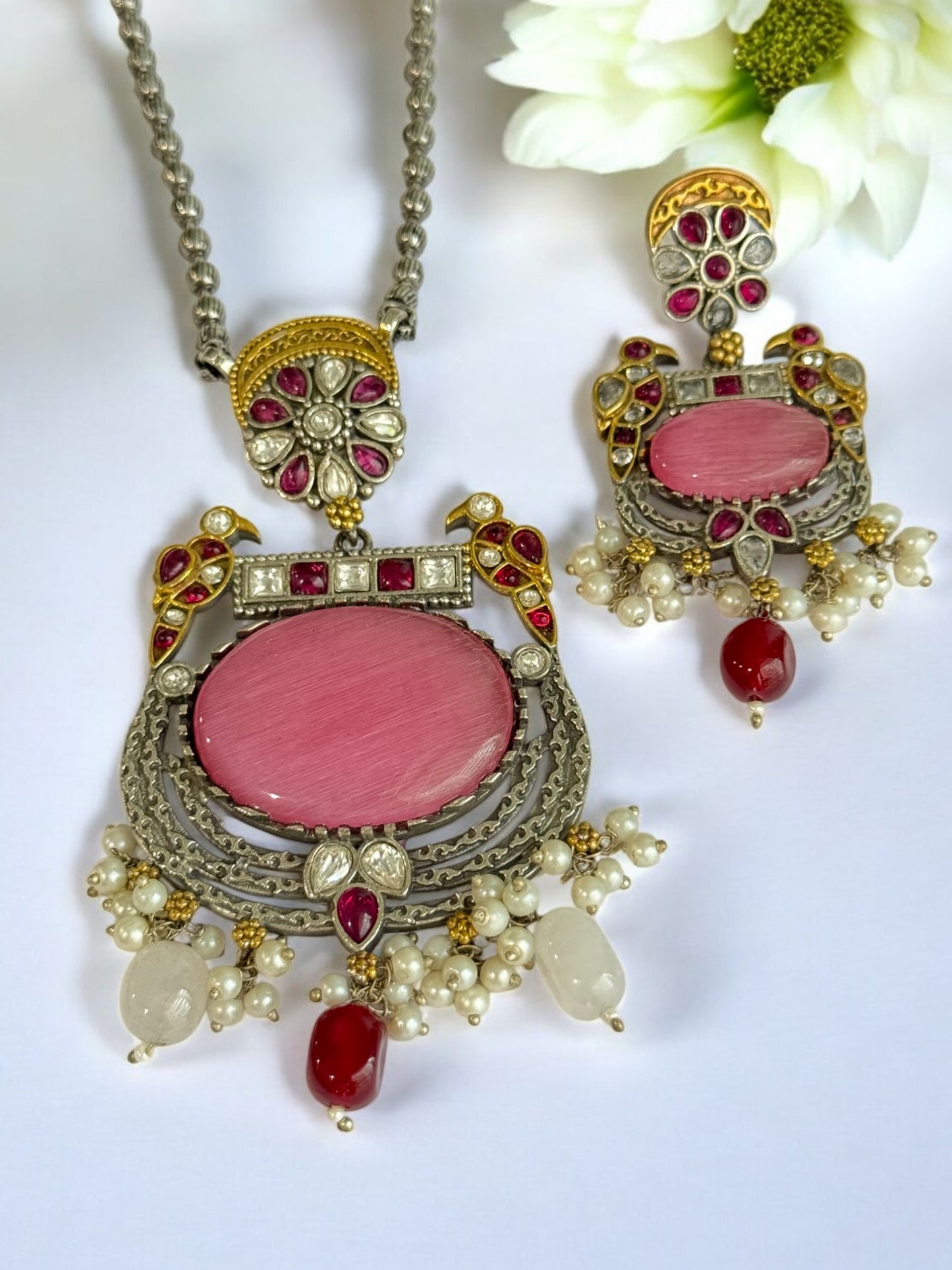 PINK LAKSHITA GERMAN SILVER JEWELLERY SET