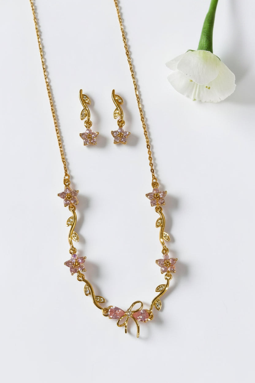 PINK STONE BOW CHELESTE NECKLACE SET