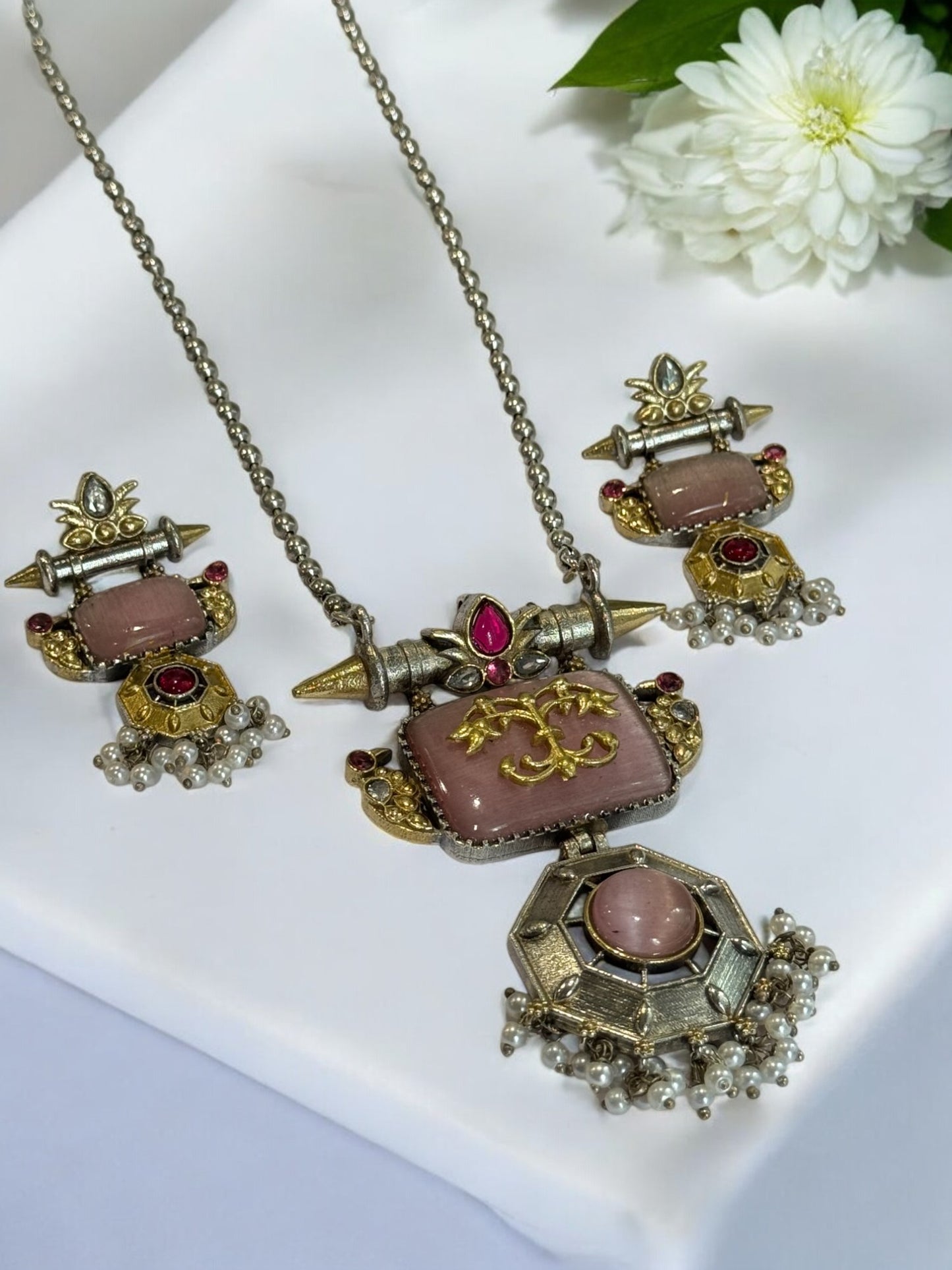 PINK SWETA GERMAN SILVER JEWELLERY SET