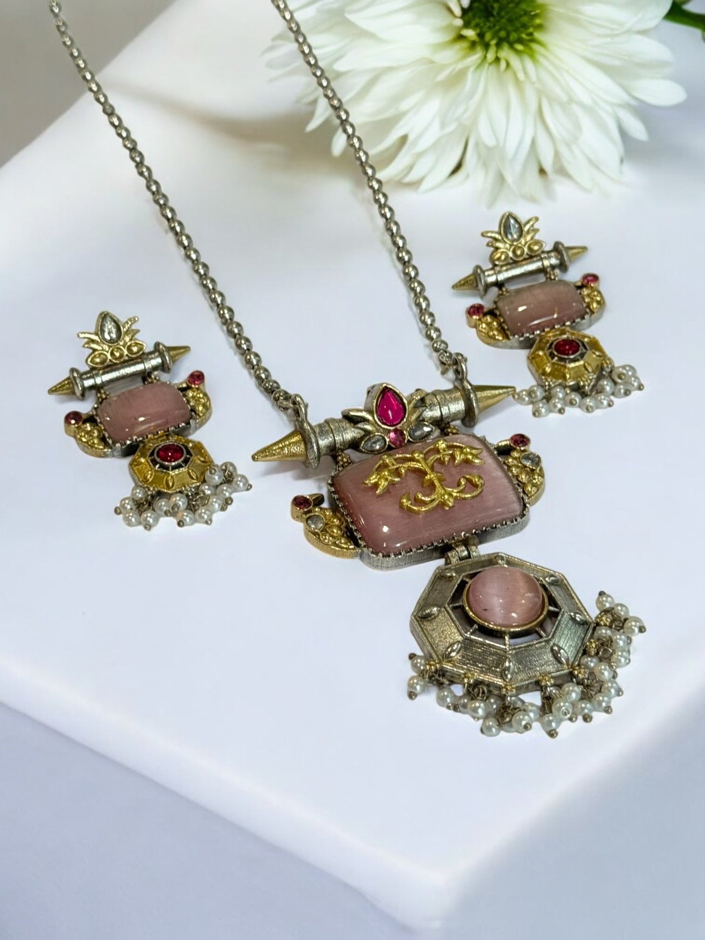 PINK SWETA GERMAN SILVER JEWELLERY SET