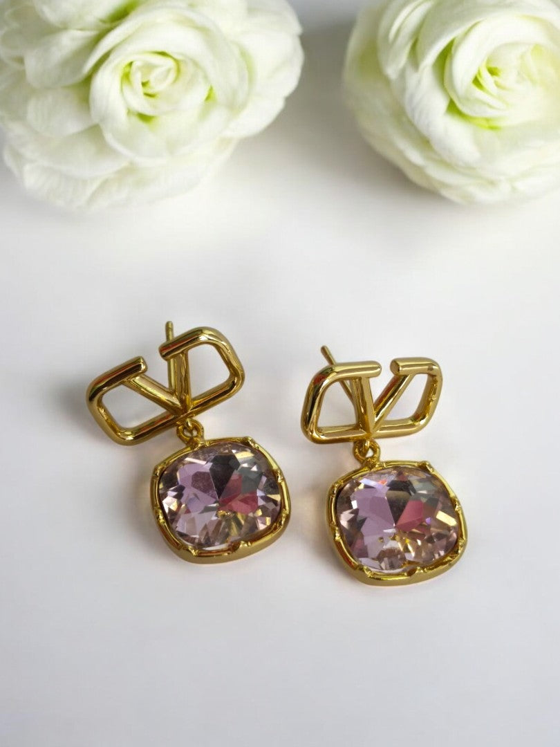 18K GOLD PLATED PINK DIAMOND DANGLING EARRING
