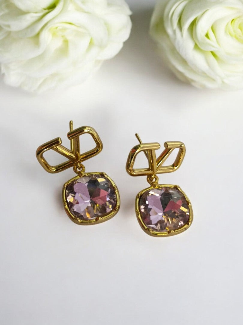 18K GOLD PLATED PINK DIAMOND DANGLING EARRING