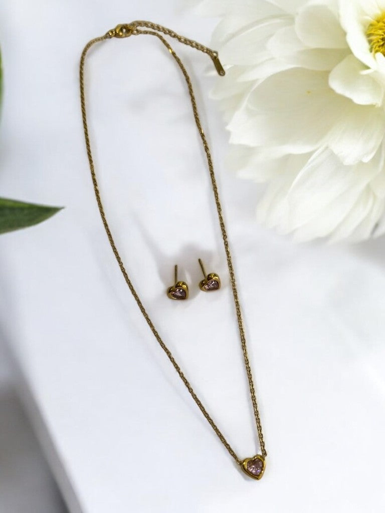 PINK HEART AVERILL NECKLACE AND EARRINGS (COMBO)
