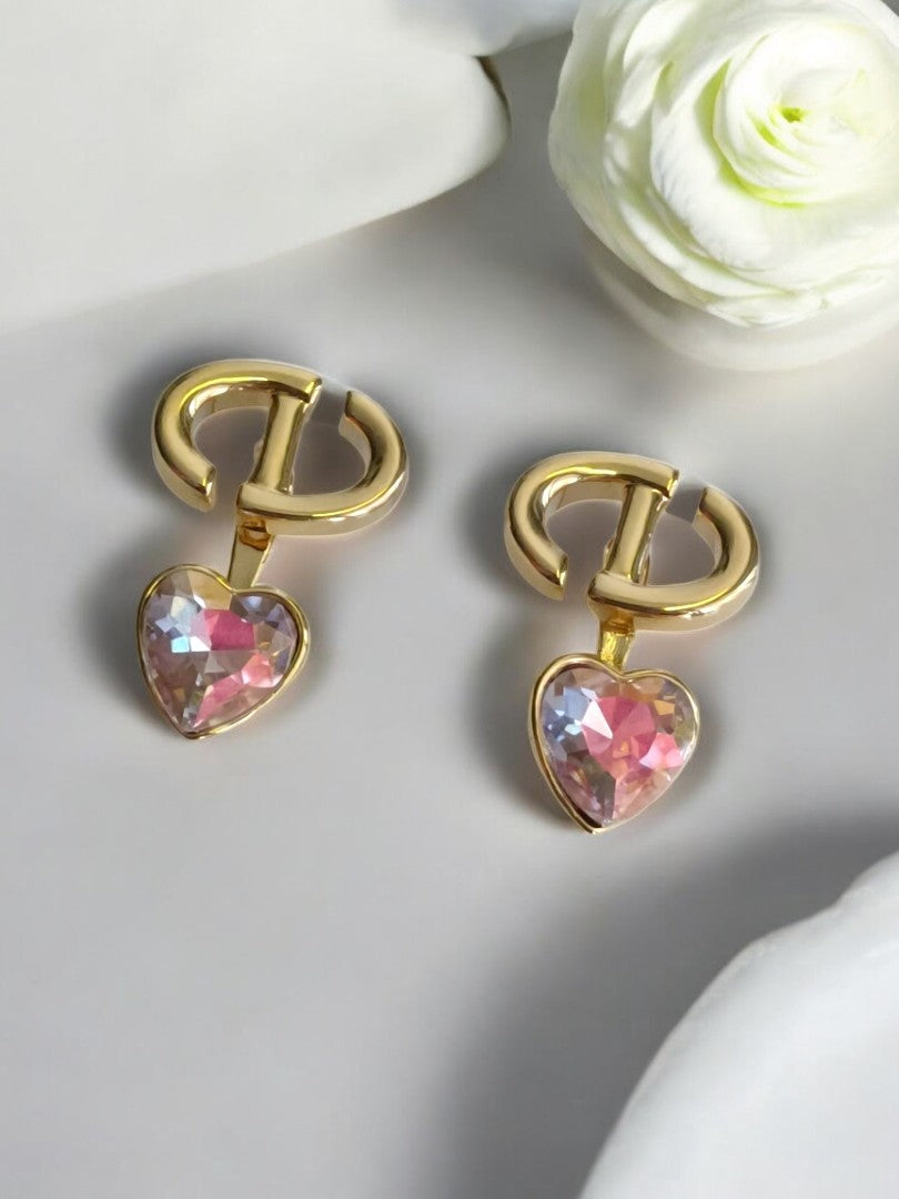 18K GOLD PLATED CHRISTIAN DIOR BRANDED EARRING WITH HEART DIAMOND