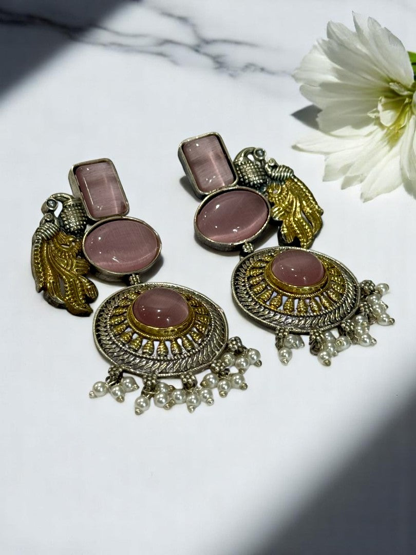 GERMAN SILVER DUAL TONE PINK STONE PEACOCK DANGLE EARRINGS