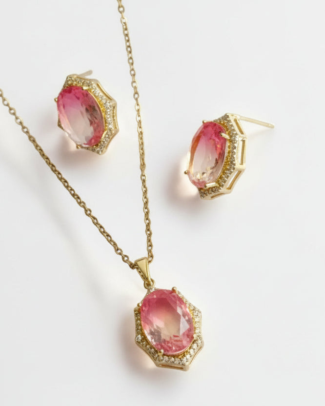 18K GOLD PLATED CHAIN PINK OVAL STONE PENDENT AND EARRING