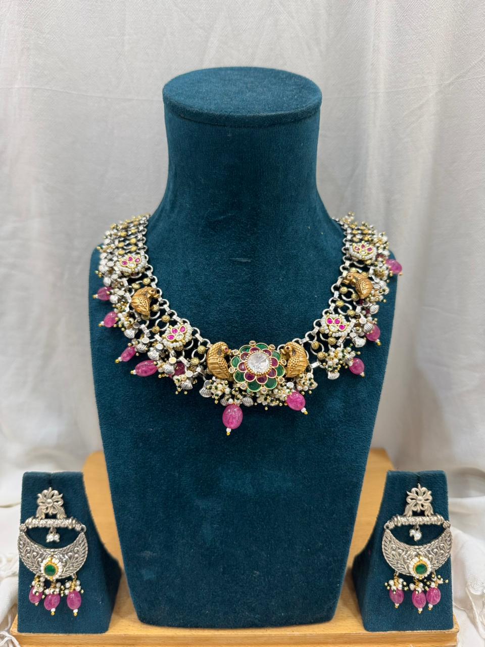 PINK PANKHURI GERMAN SILVER JEWELLERY SET