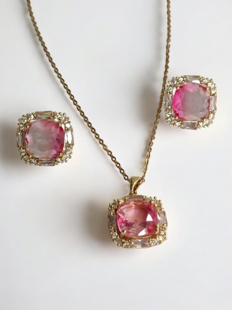 18K GOLD PLATED CHAIN WITH PINK STONE AND DIAMOND NECKLACE SET