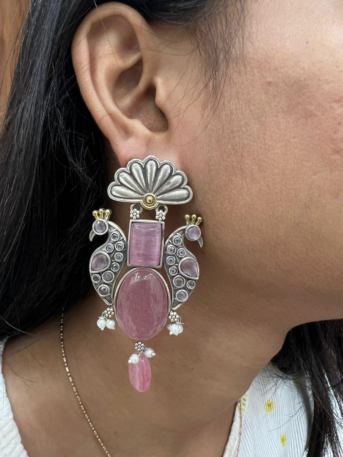 PINK STONE LEELA GERMAN SILVER EARRINGS