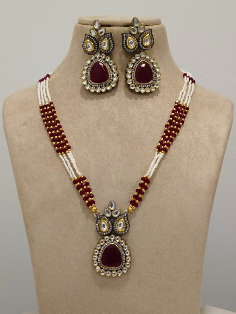 WHITE AND RED BEADED LONG MALA WITH RED STONE, DIAMOND, KUNDAN AND DANGLING EARRING