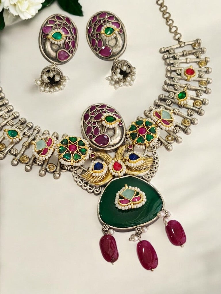 GERMAN SILVER WITH GREEN STONE, MULTI KUNDAN, HANGING RUBY BEADS AND EARRING
