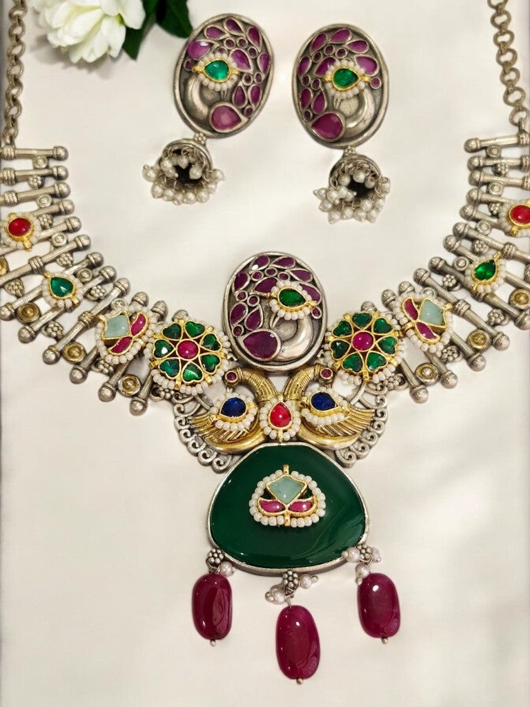 GERMAN SILVER WITH GREEN STONE, MULTI KUNDAN, HANGING RUBY BEADS AND EARRING