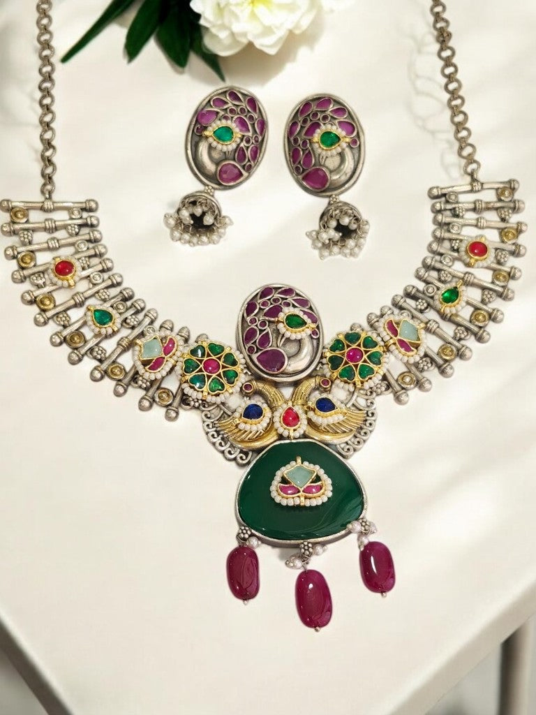GERMAN SILVER WITH GREEN STONE, MULTI KUNDAN, HANGING RUBY BEADS AND EARRING
