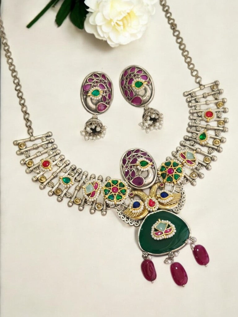 GERMAN SILVER WITH GREEN STONE, MULTI KUNDAN, HANGING RUBY BEADS AND EARRING