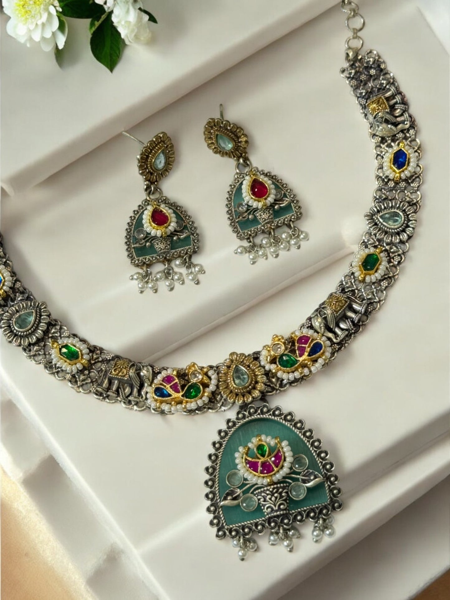 SEA BLUE ALKA GERMAN SILVER JEWELLERY SET