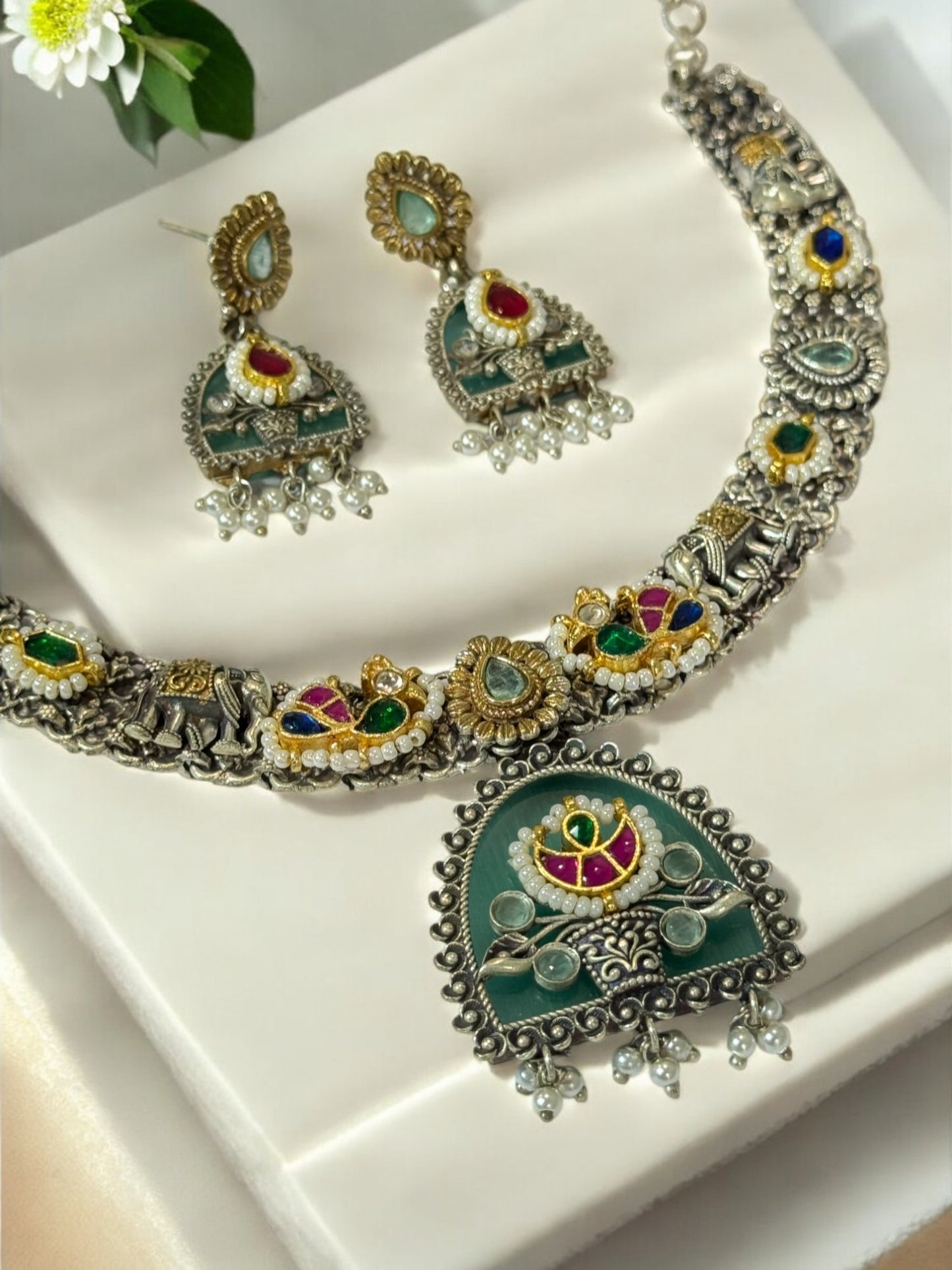 SEA BLUE ALKA GERMAN SILVER JEWELLERY SET