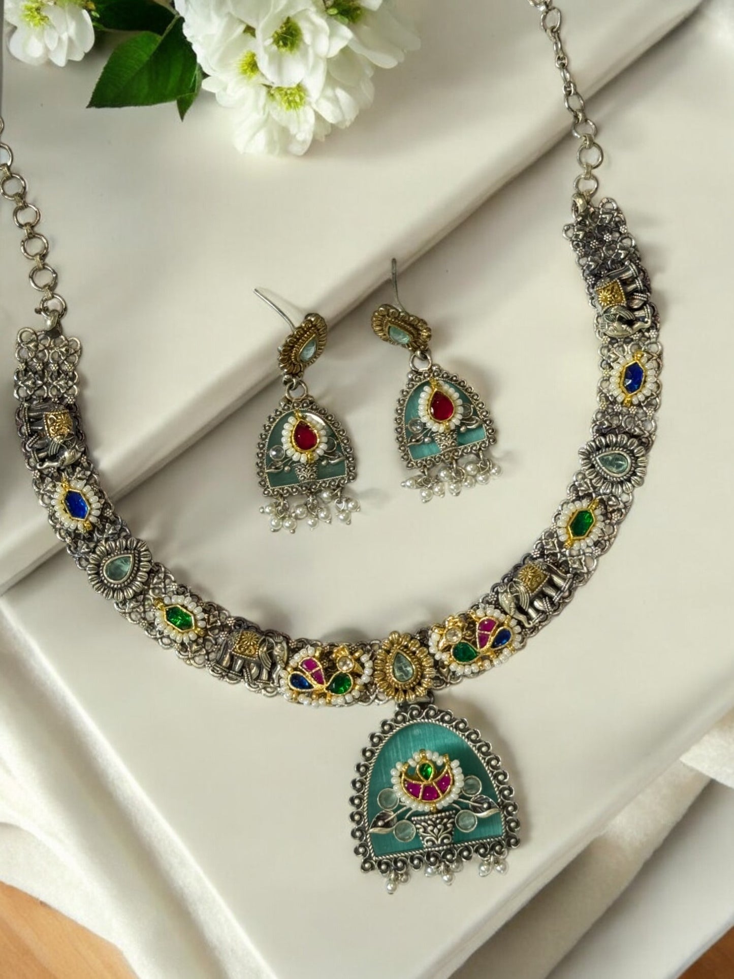 SEA BLUE ALKA GERMAN SILVER JEWELLERY SET