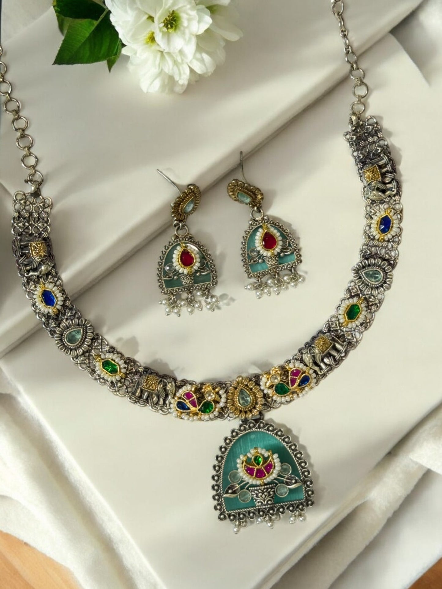 SEA BLUE ALKA GERMAN SILVER JEWELLERY SET