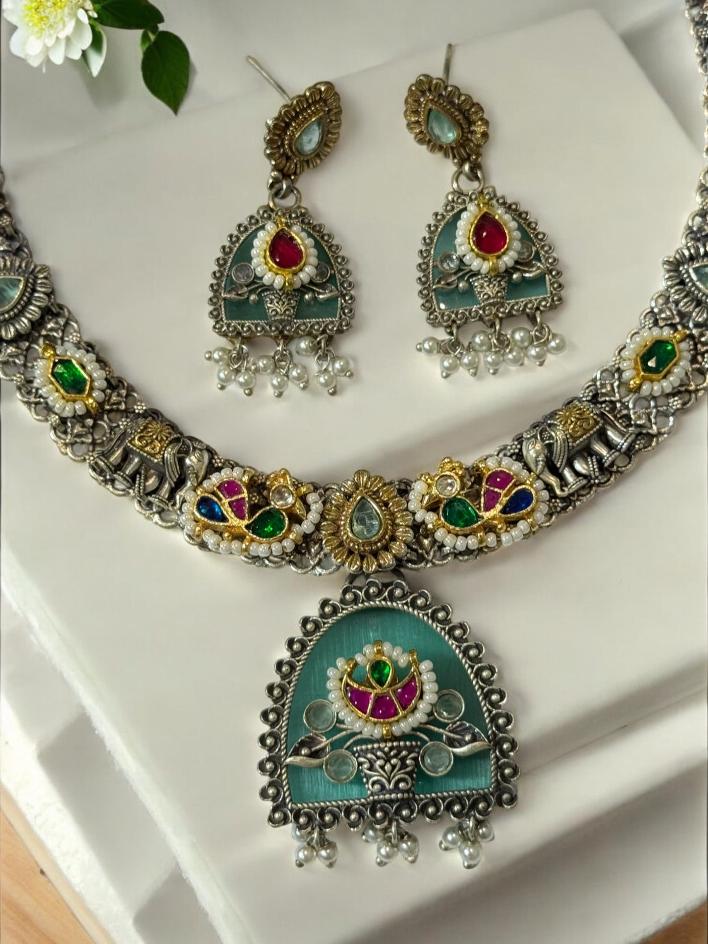 SEA BLUE ALKA GERMAN SILVER JEWELLERY SET