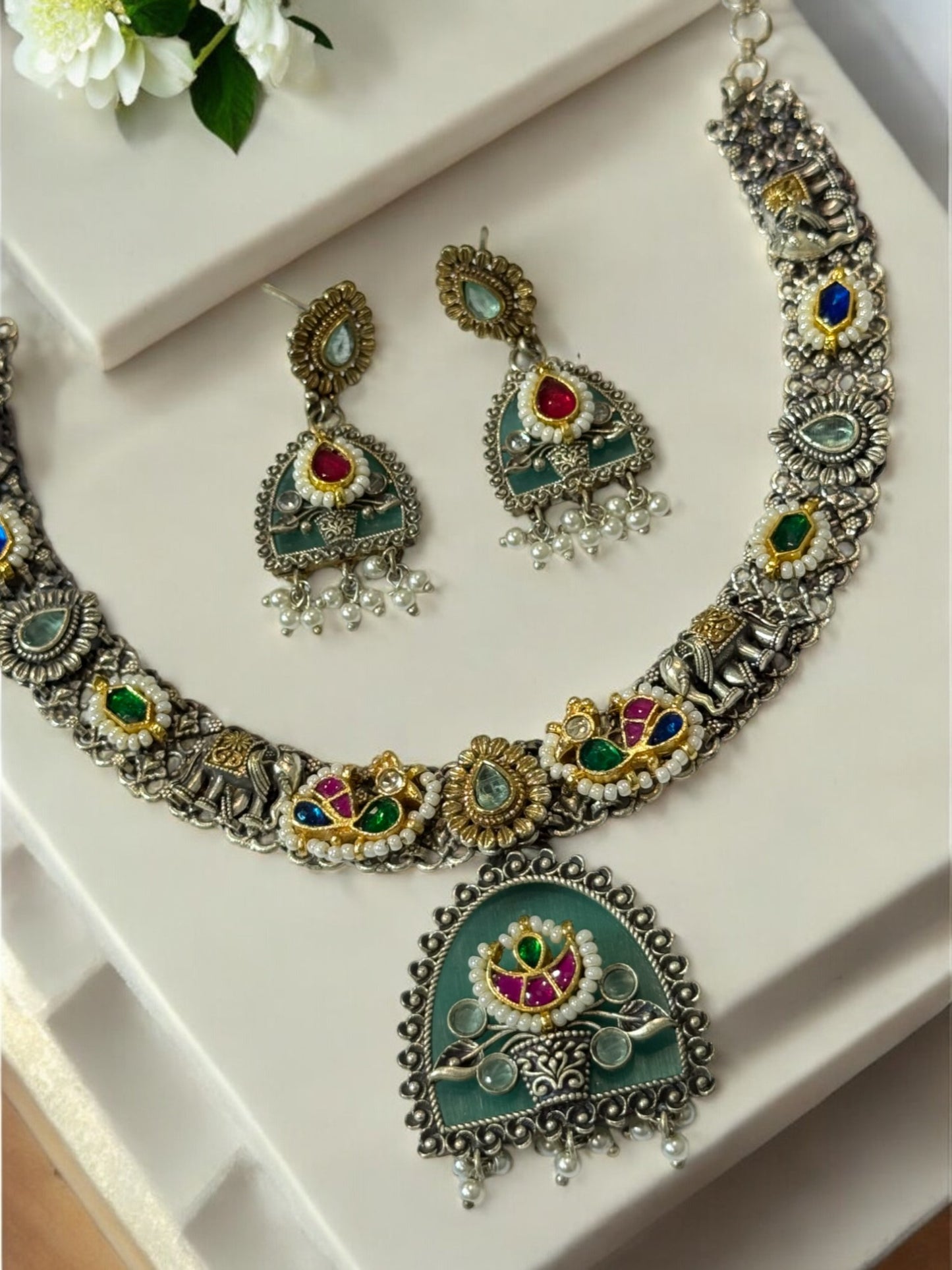 SEA BLUE ALKA GERMAN SILVER JEWELLERY SET