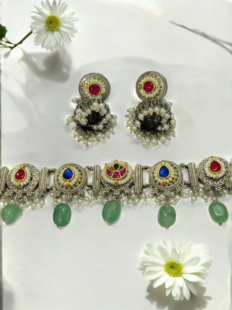 SEA GREEN ARINA GERMAN SILVER JEWELLERY SET