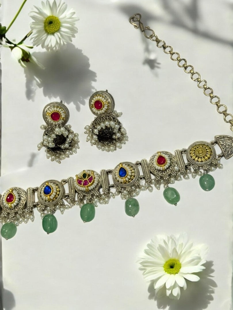 SEA GREEN ARINA GERMAN SILVER JEWELLERY SET
