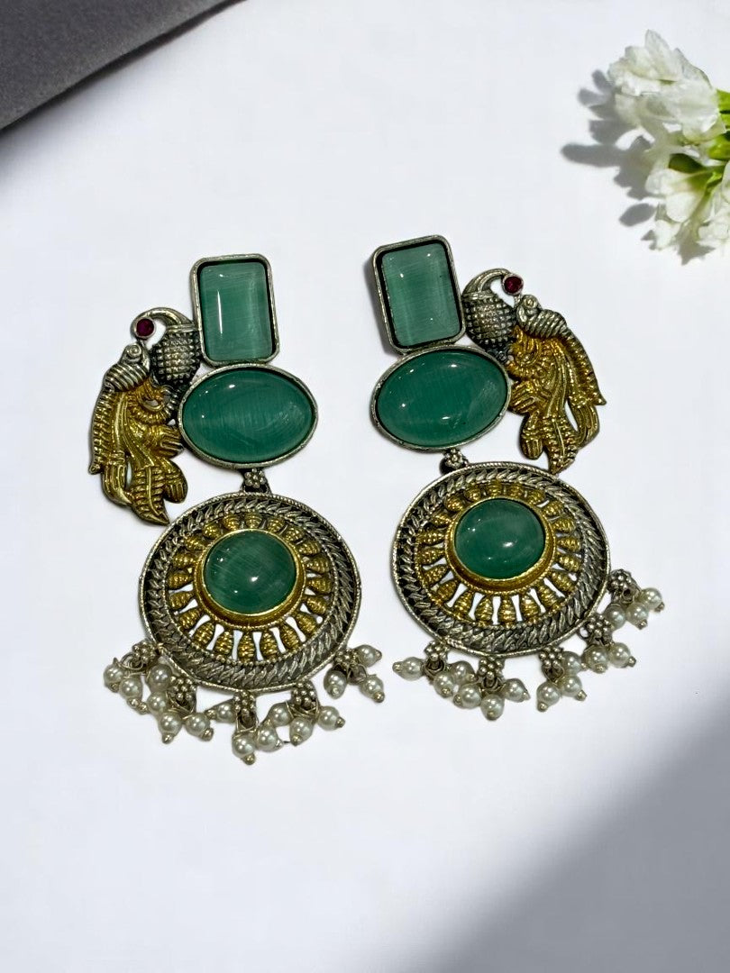 GERMAN SILVER DUAL TONE SEA GREEN STONE PEACOCK DANGLE EARRINGS
