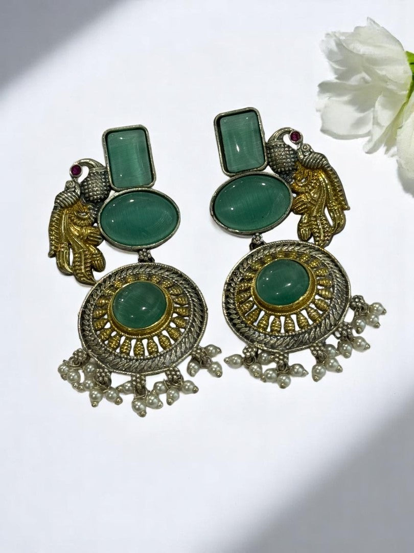 GERMAN SILVER DUAL TONE SEA GREEN STONE PEACOCK DANGLE EARRINGS