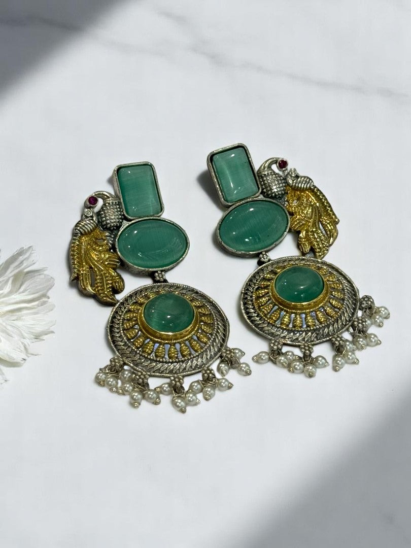 GERMAN SILVER DUAL TONE SEA GREEN STONE PEACOCK DANGLE EARRINGS