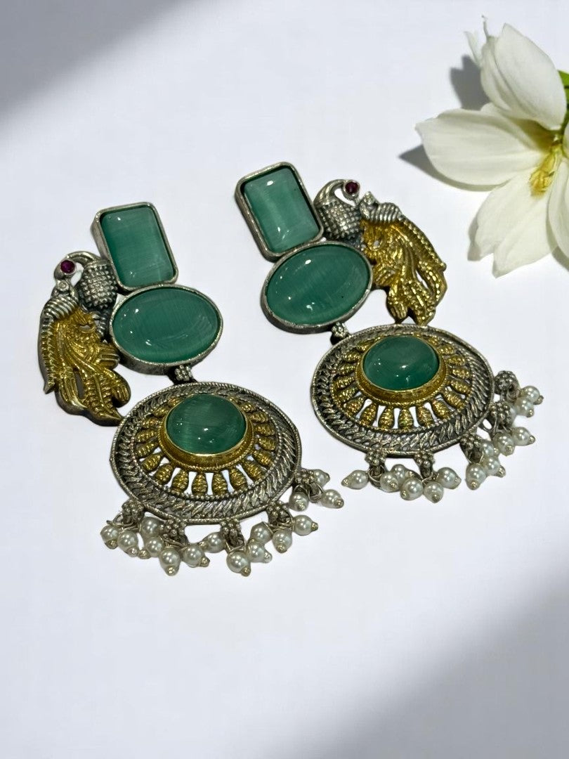 GERMAN SILVER DUAL TONE SEA GREEN STONE PEACOCK DANGLE EARRINGS