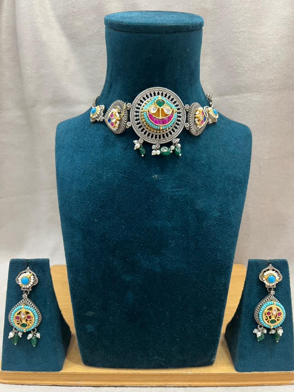 SKY BLUE AANANDITA GERMAN SILVER JEWELLERY SET