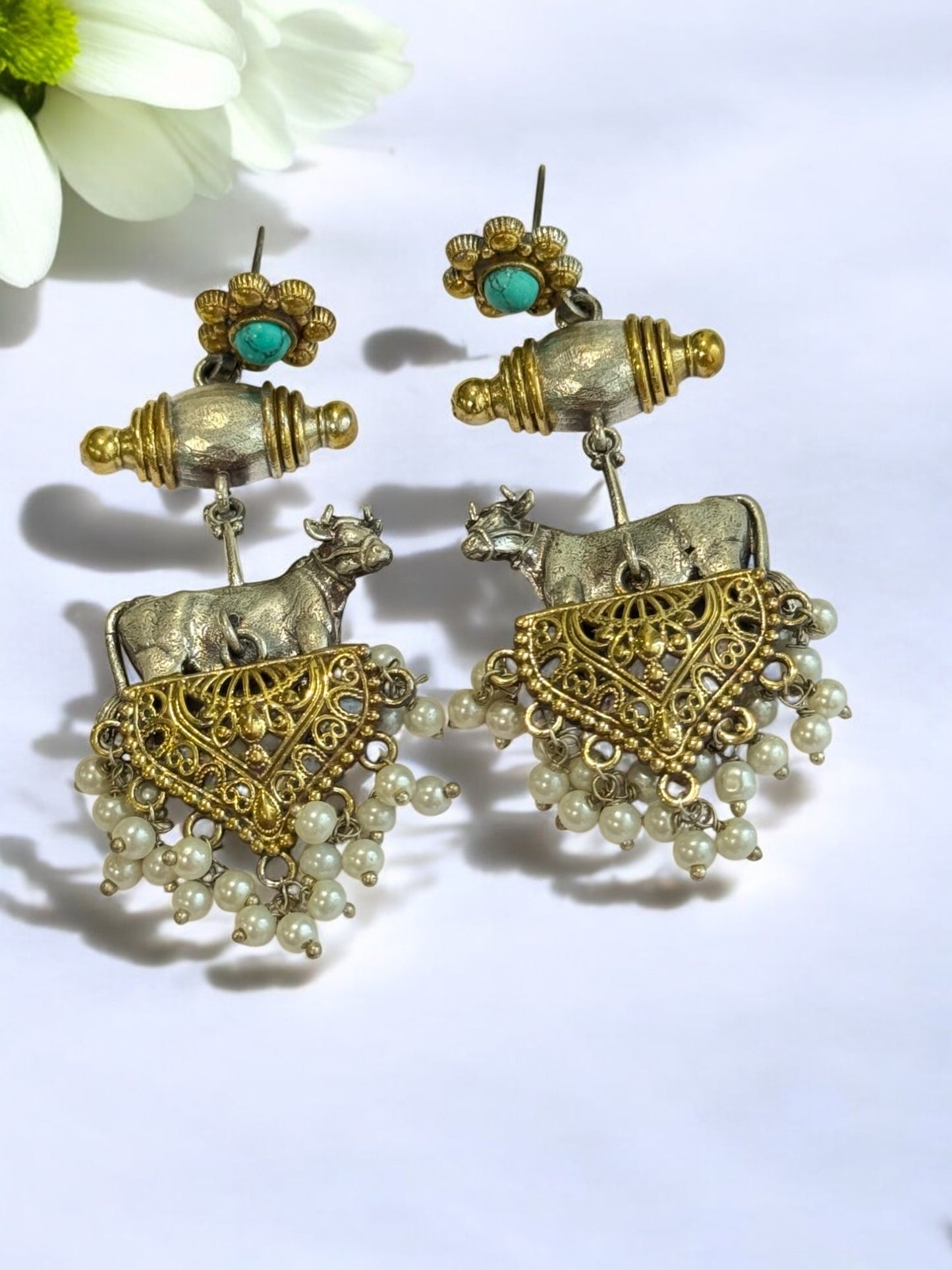 TURQUOISE BLUE NANSHI GERMAN SILVER EARRINGS