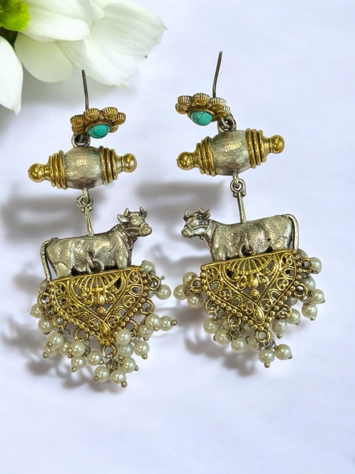 TURQUOISE BLUE NANSHI GERMAN SILVER EARRINGS