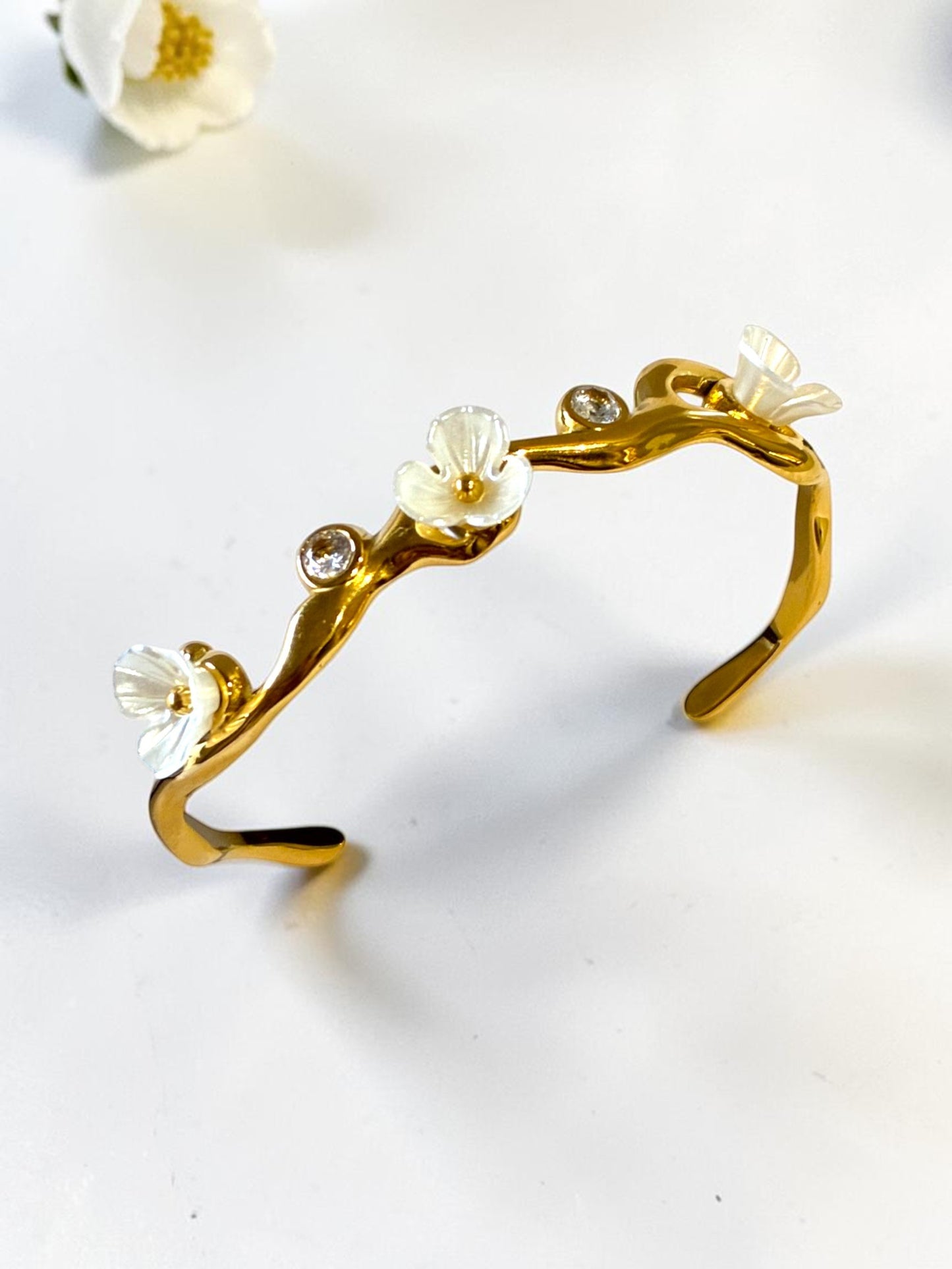 WHITE FLORAL SERENITY BRACELET (CUFF)