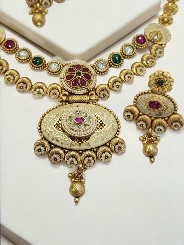 GOLDEN MATTE NECKLCE WITH MULTI KUNDAN AND MATCHING EARRINGS
