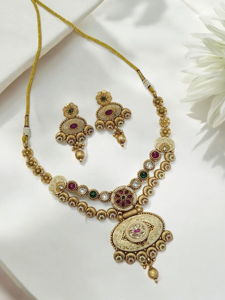 GOLDEN MATTE NECKLCE WITH MULTI KUNDAN AND MATCHING EARRINGS