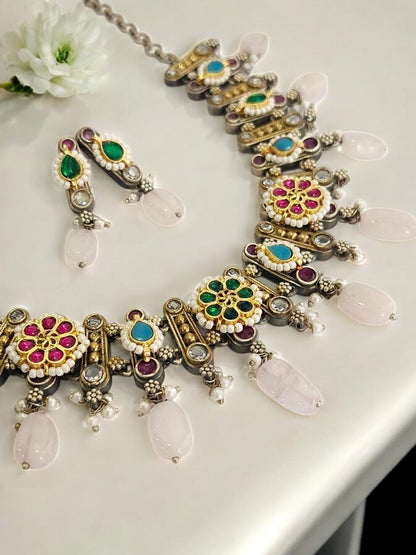 GREEN SAABIRA GERMAN SILVER JEWELLERY SET