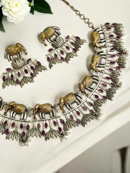 PINK STONE ELEPHANT RUDHRATI GERMAN SILVER JEWELLERY SET